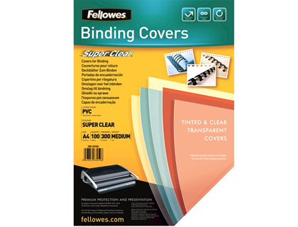 COUVERTURE FELLOWES PVC TRANSPARENT 300 MICRONS FORMAT A4 POUR RELIURE PAQUET 100 UNITS