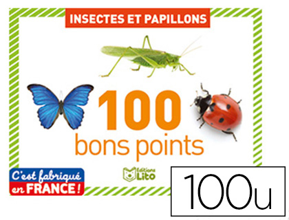 BONS POINTS EDITIONS LITO INSECTES ET PAPILLONS TEXTE   PEDAGOGIQUE AU VERSO 79X57MM  BOITE 100 UNITES