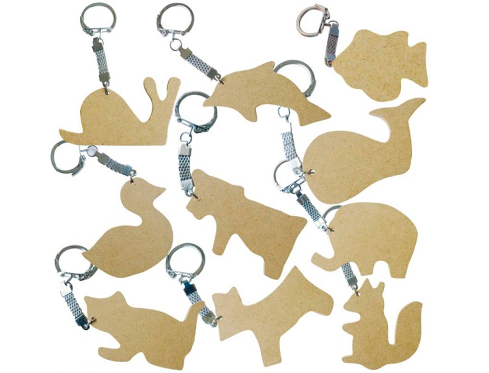 PORTE-CLEFS EN BOIS A DECORER ASSORTIMENT DIFFERENTES       FORMES 55X55MM LOT 10 UNITES