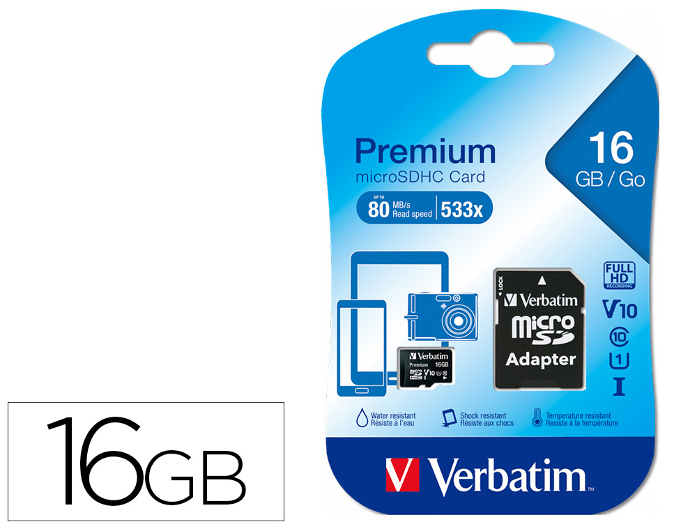 MICRO SDHC VERBATIM 16GB CLASSE 10 AVEC ADAPTATEUR     IDEAL VIDEOS QUALITE CINEMA   HD 3D VITESSE ECRITURE
