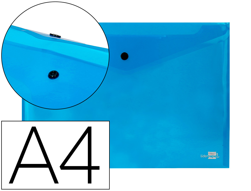 POCHETTE ENVELOPPE LIDERPAPEL POLYPROPYLNE 180 MICRONS A4 297X210MM 50F FERMETURE BOUTON RSISTANT TRANSPARENT BLEU