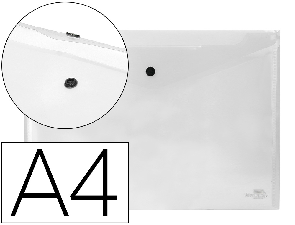 POCHETTE ENVELOPPE LIDERPAPEL POLYPROPYLNE 180 MICRONS A4 297X210MM 50F FERMETURE BOUTON RSISTANT TRANSPARENT