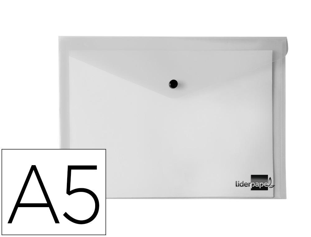 POCHETTE ENVELOPPE LIDERPAPEL POLYPROPYLNE 180 MICRONS A5 210X148MM 50F FERMETURE BOUTON RSISTANT TRANSPARENT