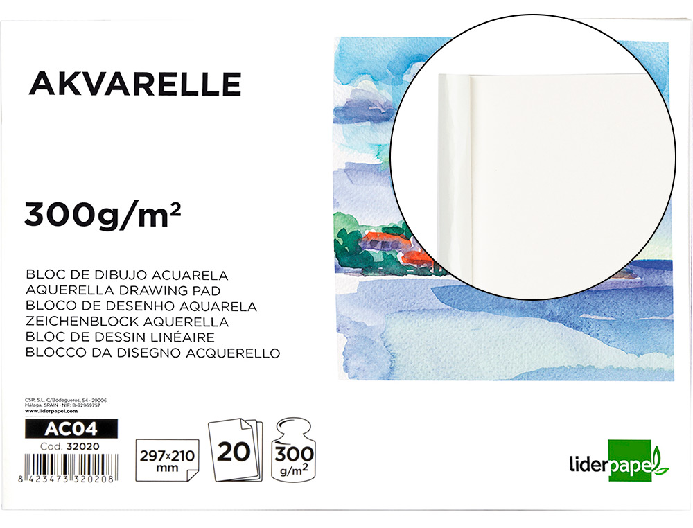 BLOC DESSIN LIDERPAPEL AQUARELLE ENCOLL PAPIER GRAIN MOYEN LISSE 300G/M2 FORMAT A4 297X210MM 20F