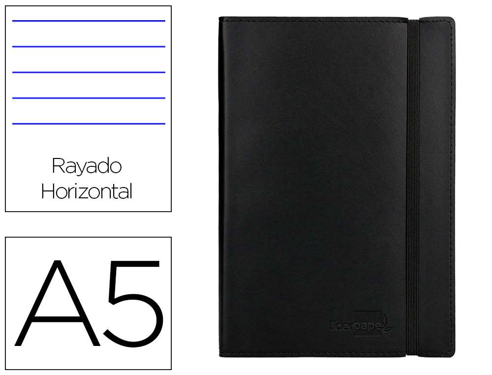 CARNET LIDERPAPEL COUVERTURE SIMILI CUIR ENCOLLE A5 14,8X21CM 70G 240 PAGES LIGN FERMETURE LASTIQUE COLORIS NOIR