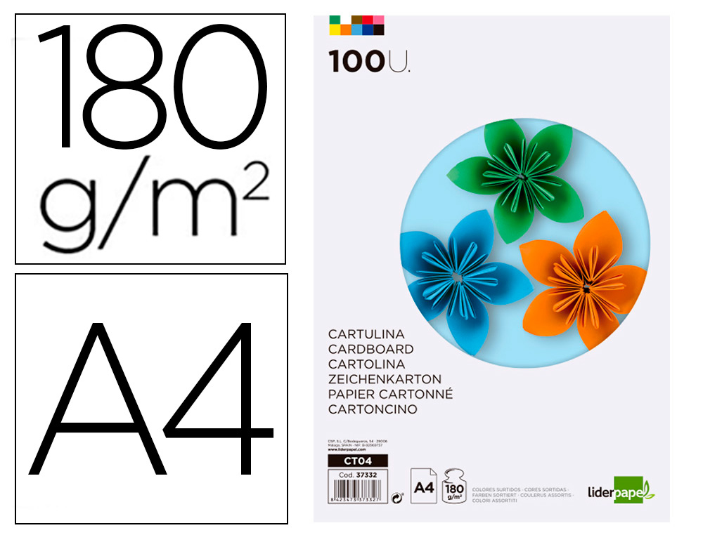 PAPIER CARTONN LIDERPAPEL A4 180G/M2 10 COLORIS ASSORTIS PAQUET 100F