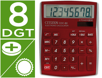 CALCULATRICE CITIZEN BUREAU CDC-80 8 CHIFFRES FONCTION FINANCIRE TAXES MMOIRE PILE 135X109X23.3MM COLORIS BORDEAUX