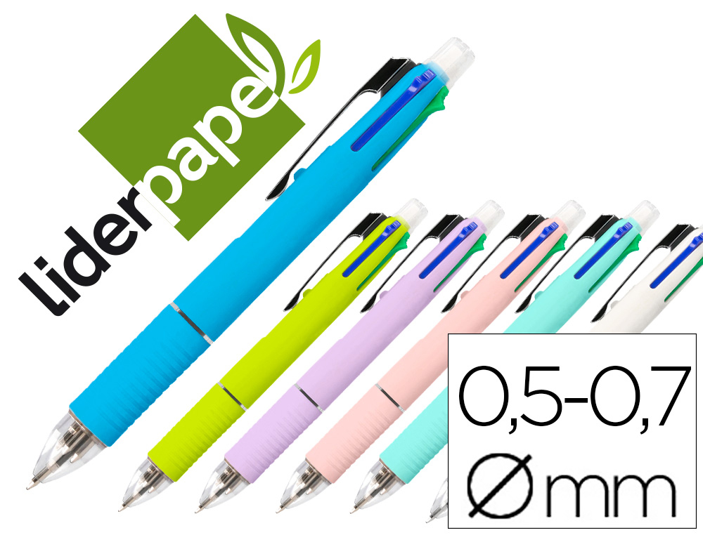 STYLO-BILLE LIDERPAPEL 5 EN 1 POINTE 0.5MM TRAIT 0.7MM RTRACTABLE 4 COULEURS D'ENCRE PORTE-MINE 0.5MM GOMME